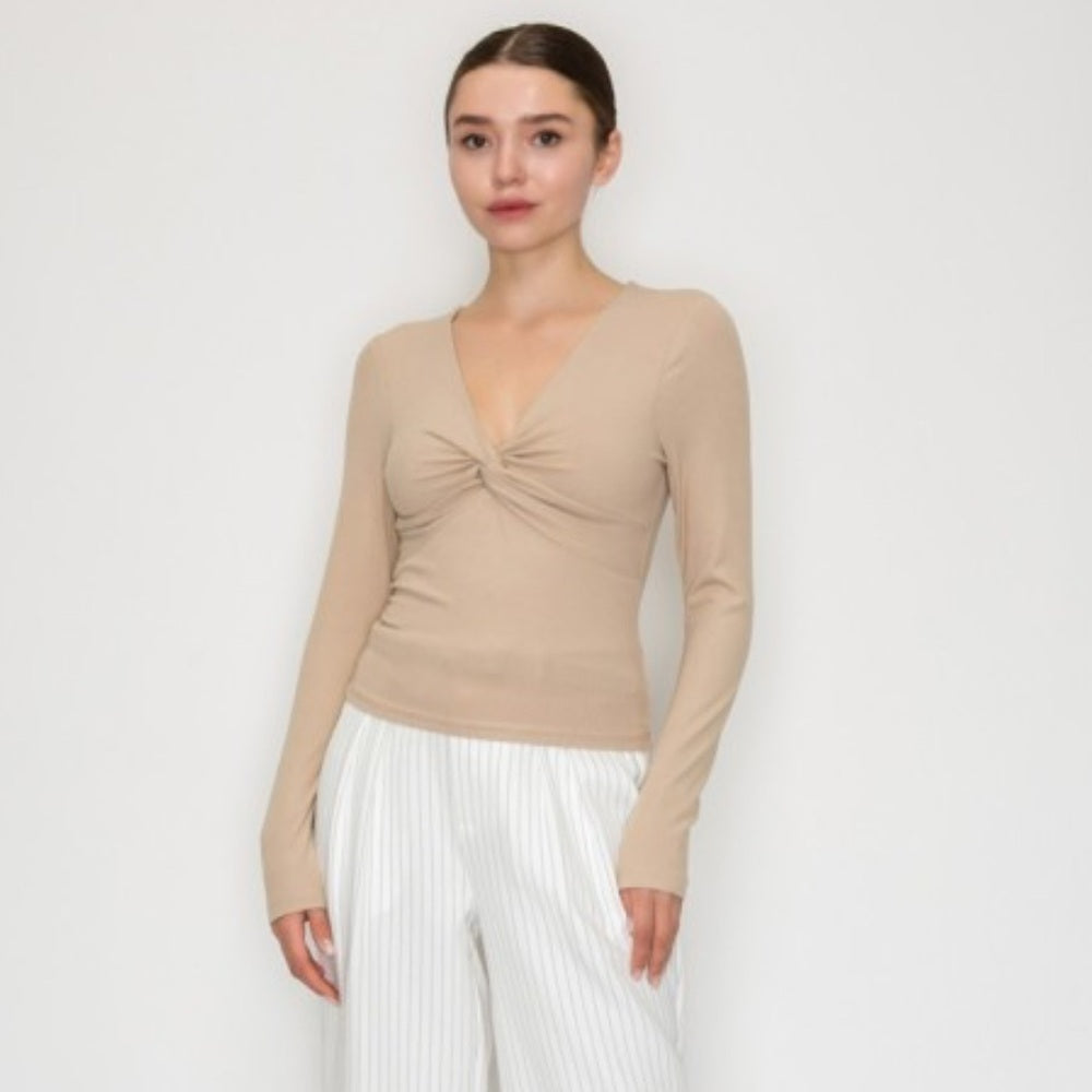 A141. Front-twist V-neck Long Sleeve Top