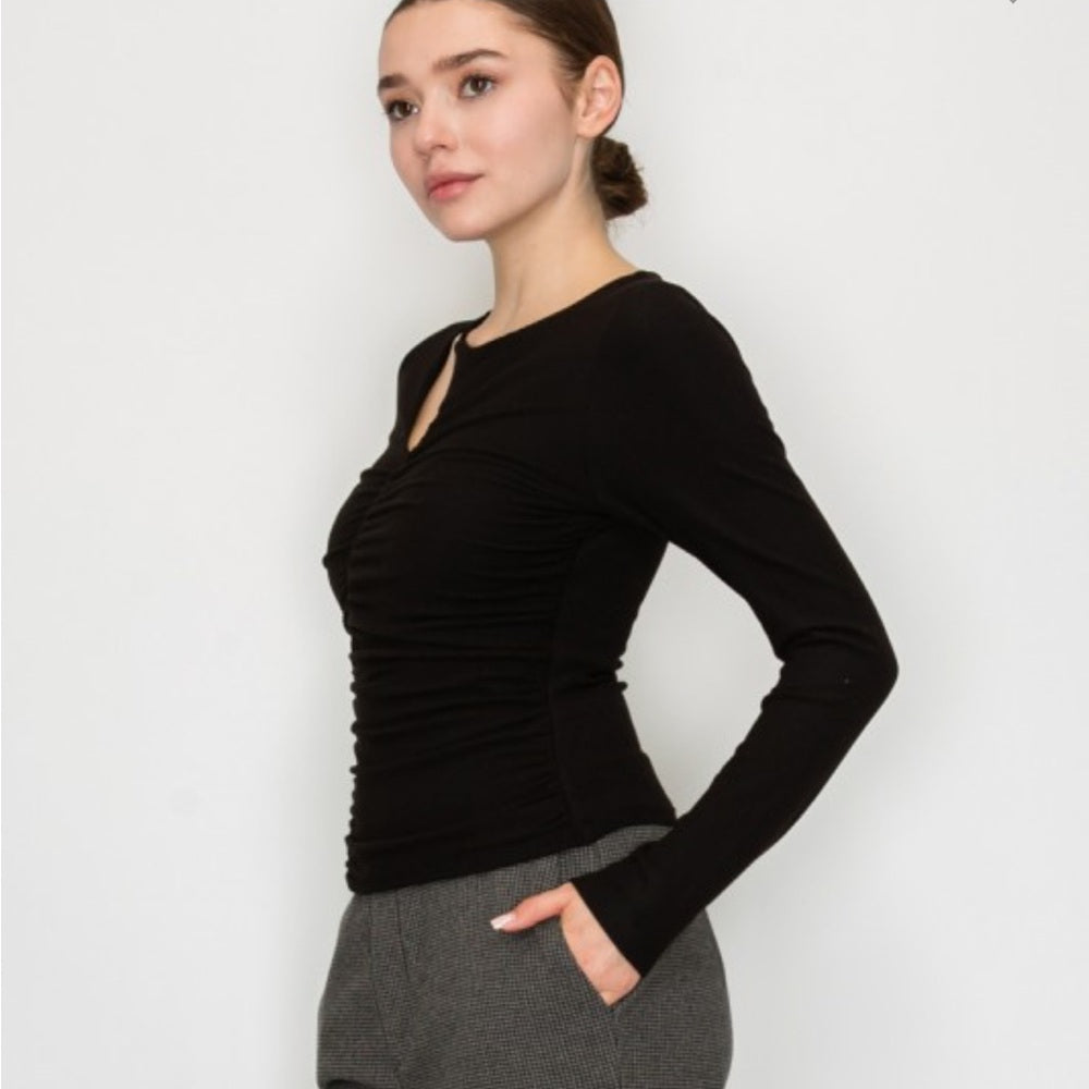 A142. Long Sleeve Ruching Cutout Top