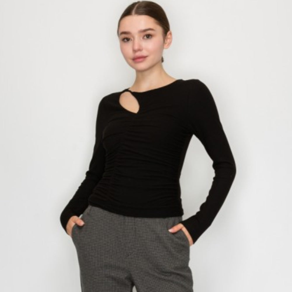 A142. Long Sleeve Ruching Cutout Top