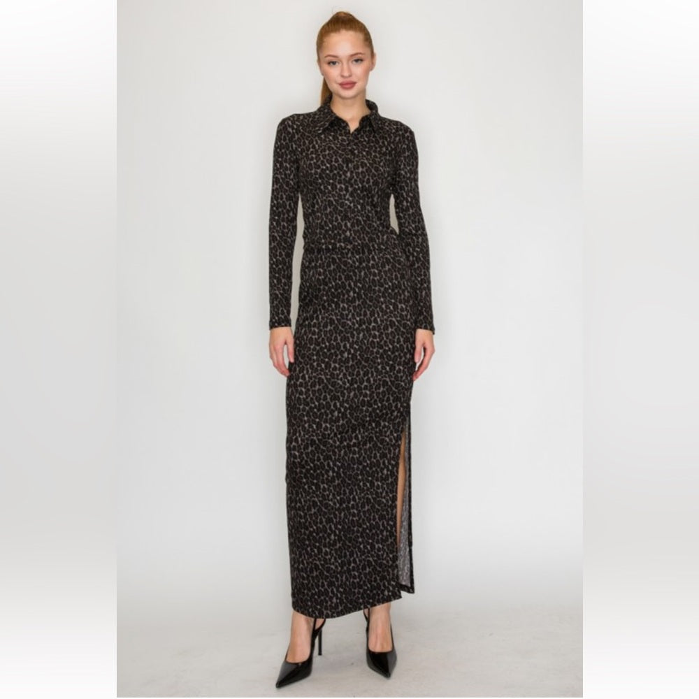 A143. Leopard Buttoned Top & Maxi Skirts Set