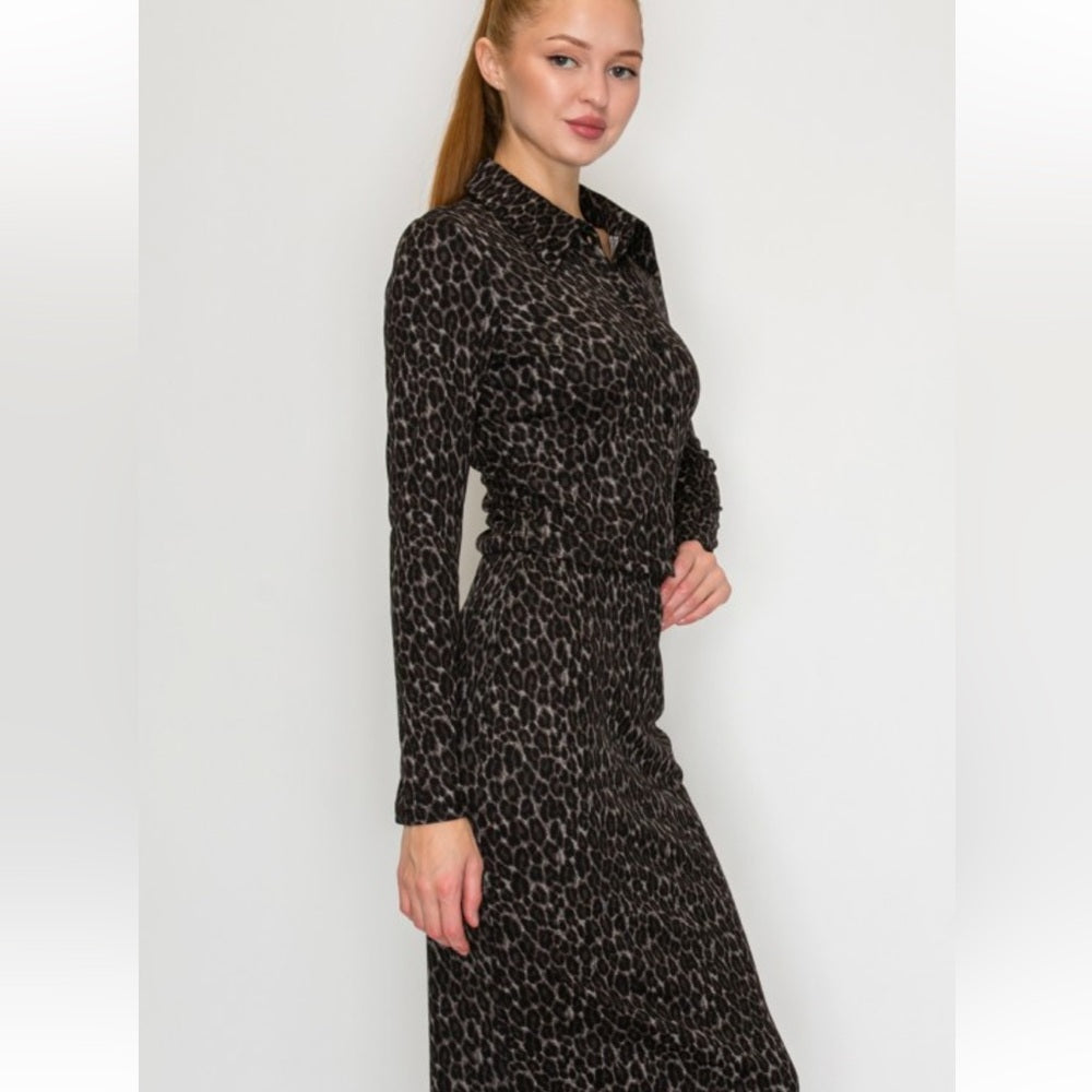 A143. Leopard Buttoned Top & Maxi Skirts Set