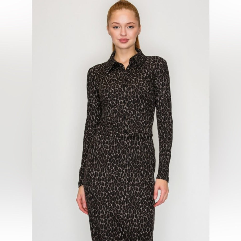 A143. Leopard Buttoned Top & Maxi Skirts Set