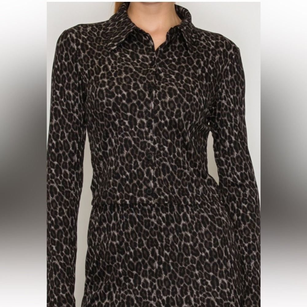 A143. Leopard Buttoned Top & Maxi Skirts Set