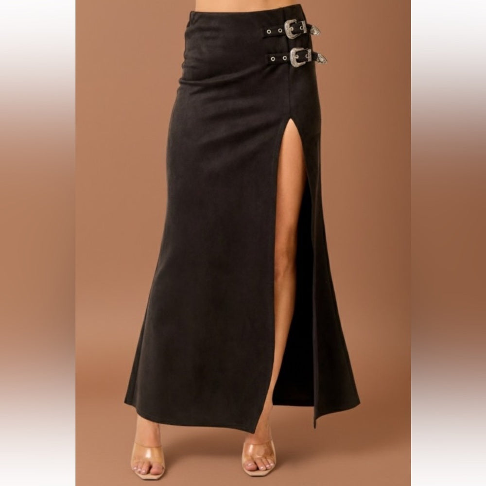 A145. Western Faux Suede Maxi Skirt With High Slit