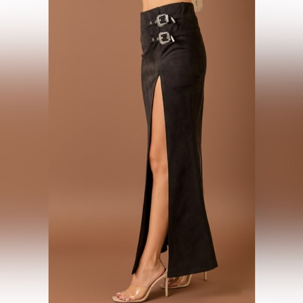 A145. Western Faux Suede Maxi Skirt With High Slit