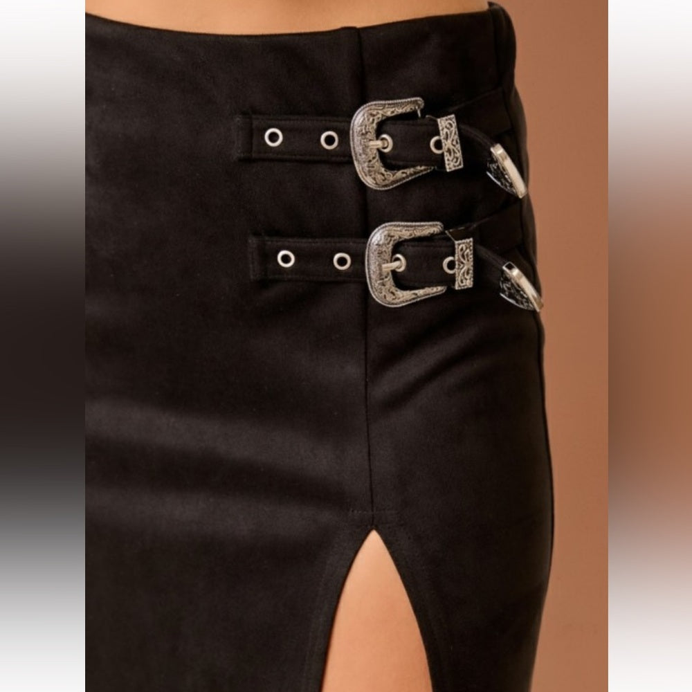 A145. Western Faux Suede Maxi Skirt With High Slit