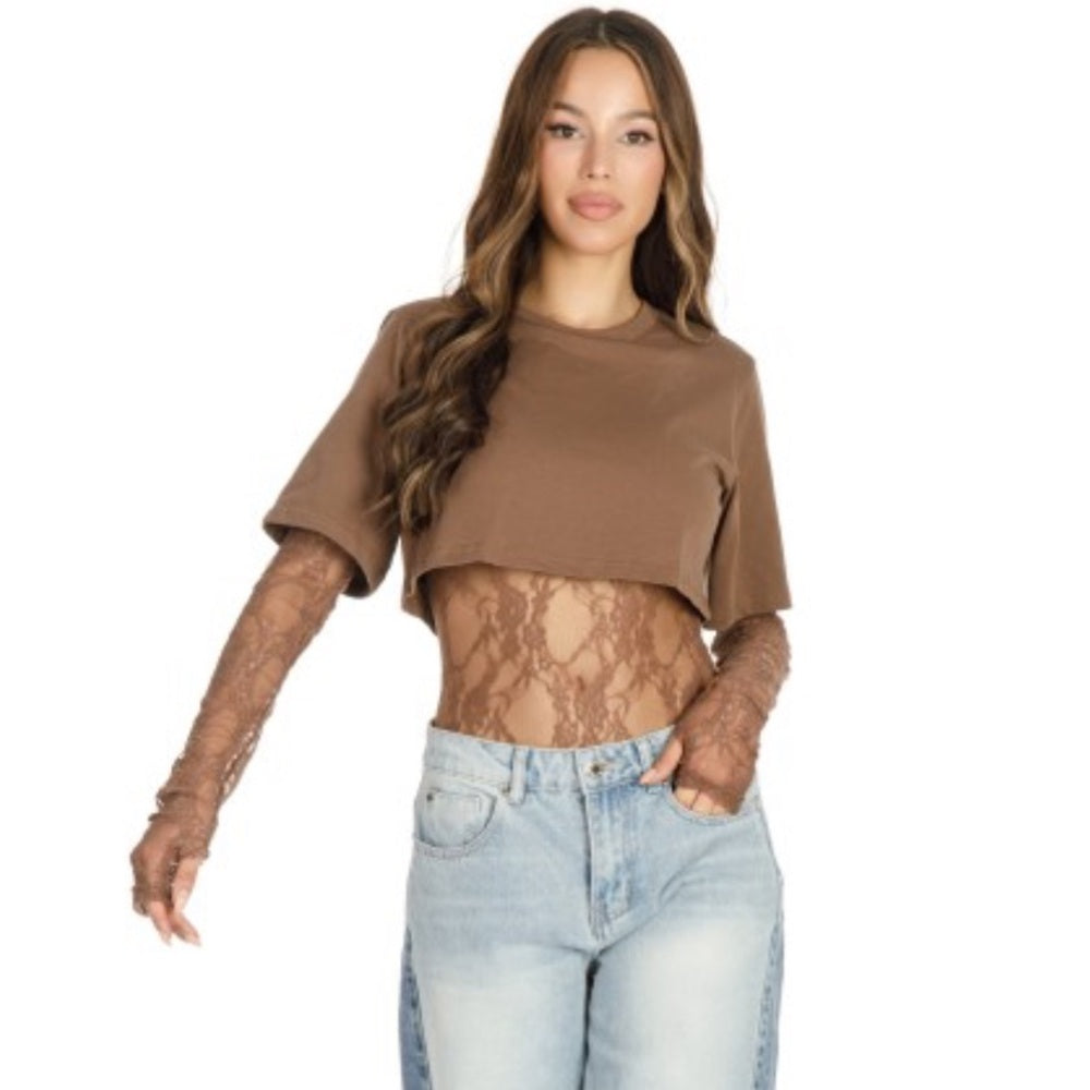 A148. Brown Lace Sleeve Crop Top Bodysuit