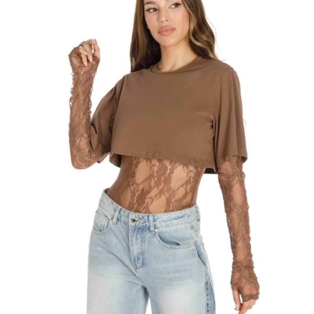 A148. Brown Lace Sleeve Crop Top Bodysuit