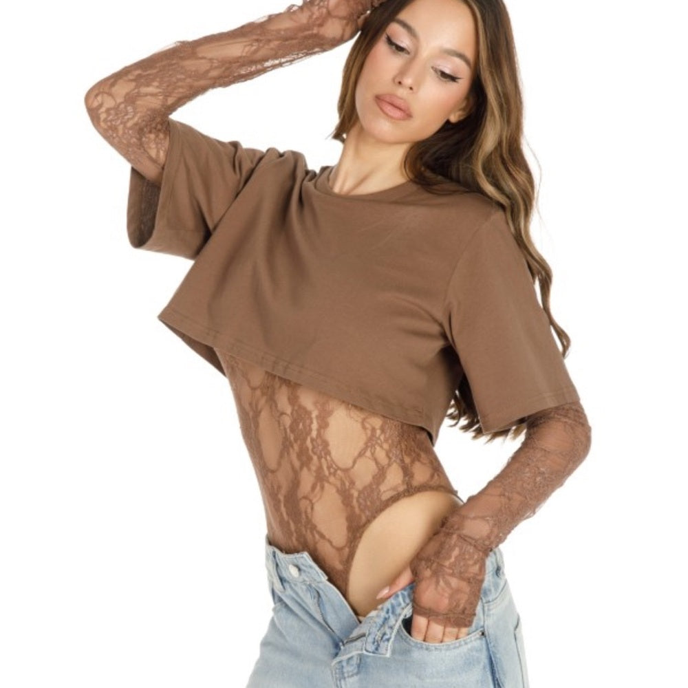 A148. Brown Lace Sleeve Crop Top Bodysuit