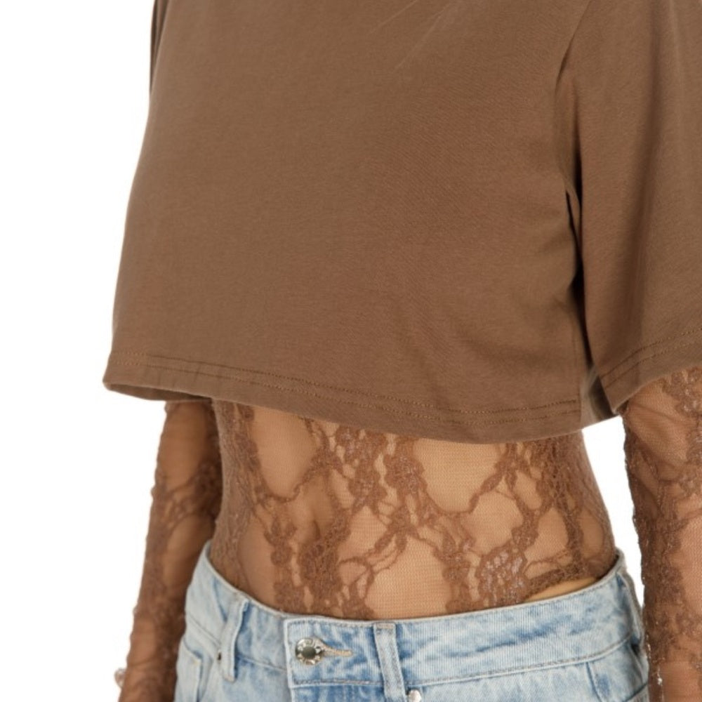 A148. Brown Lace Sleeve Crop Top Bodysuit