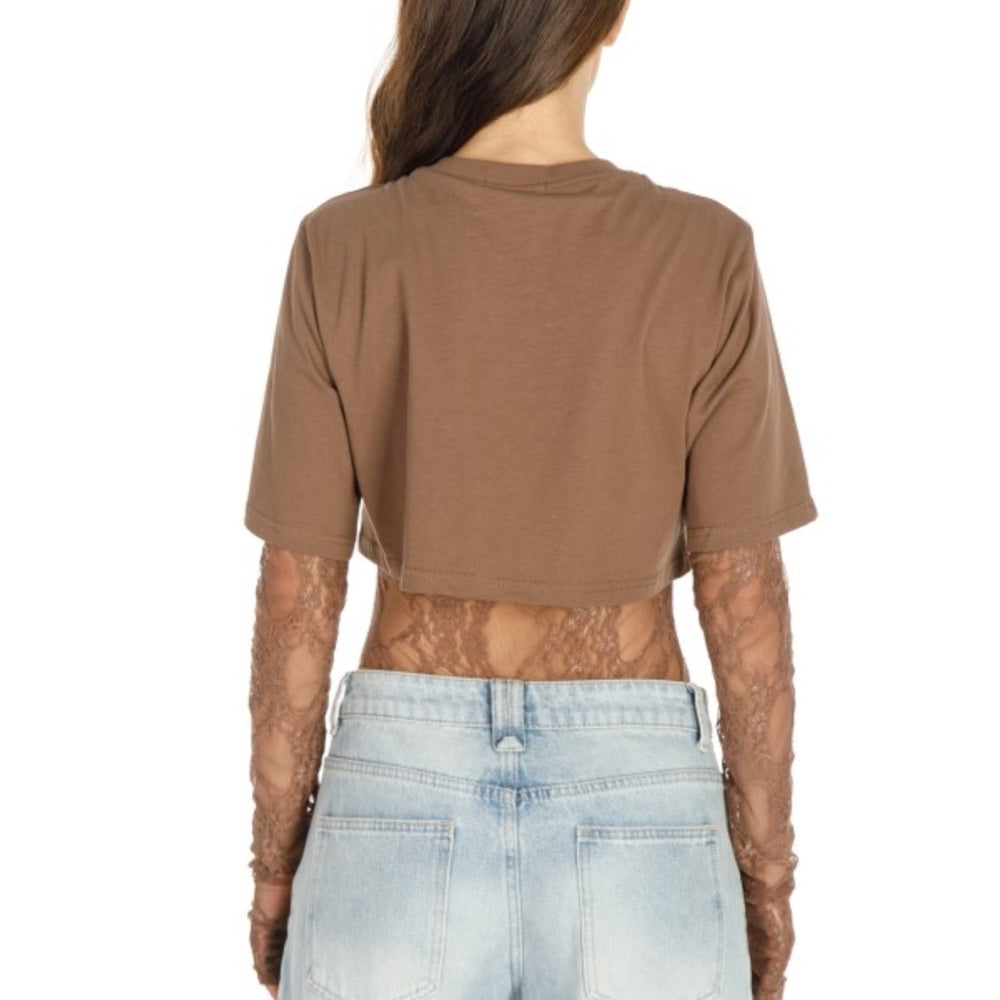 A148. Brown Lace Sleeve Crop Top Bodysuit