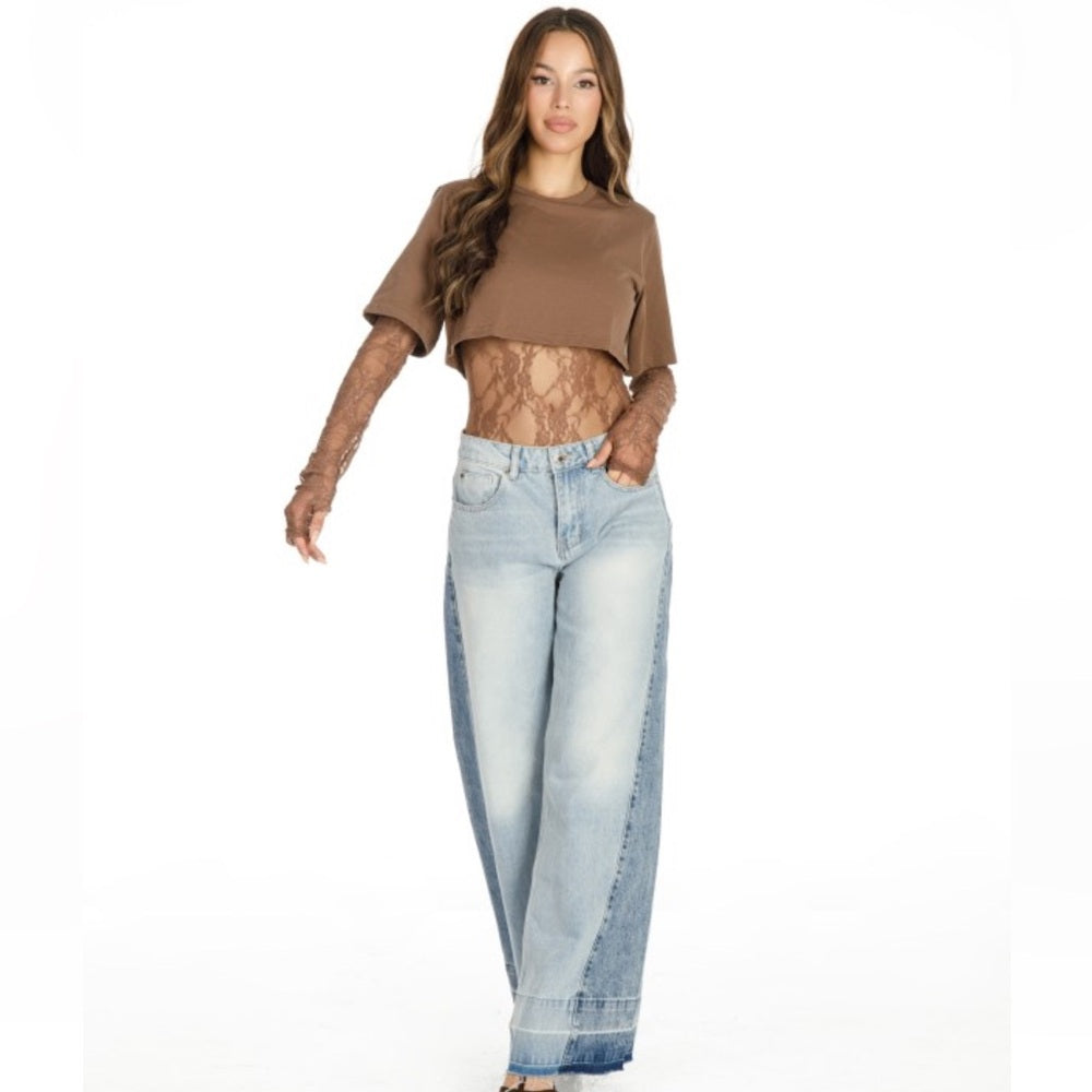 A148. Brown Lace Sleeve Crop Top Bodysuit