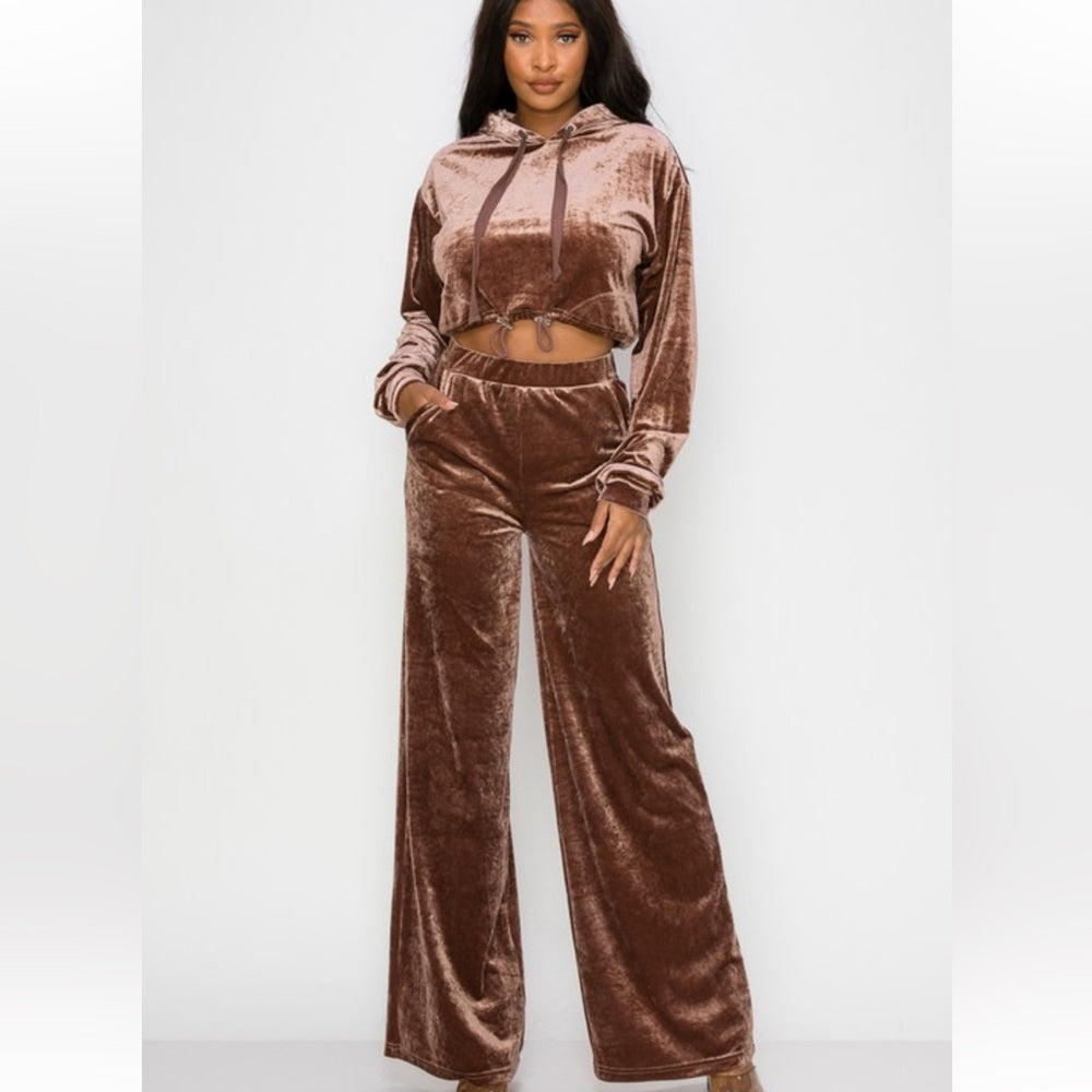 A151. Velvet Brown Hoodie & Wide Leg Pants Set