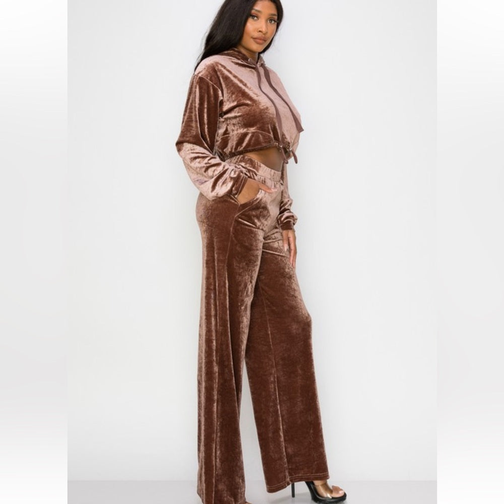 A151. Velvet Brown Hoodie & Wide Leg Pants Set
