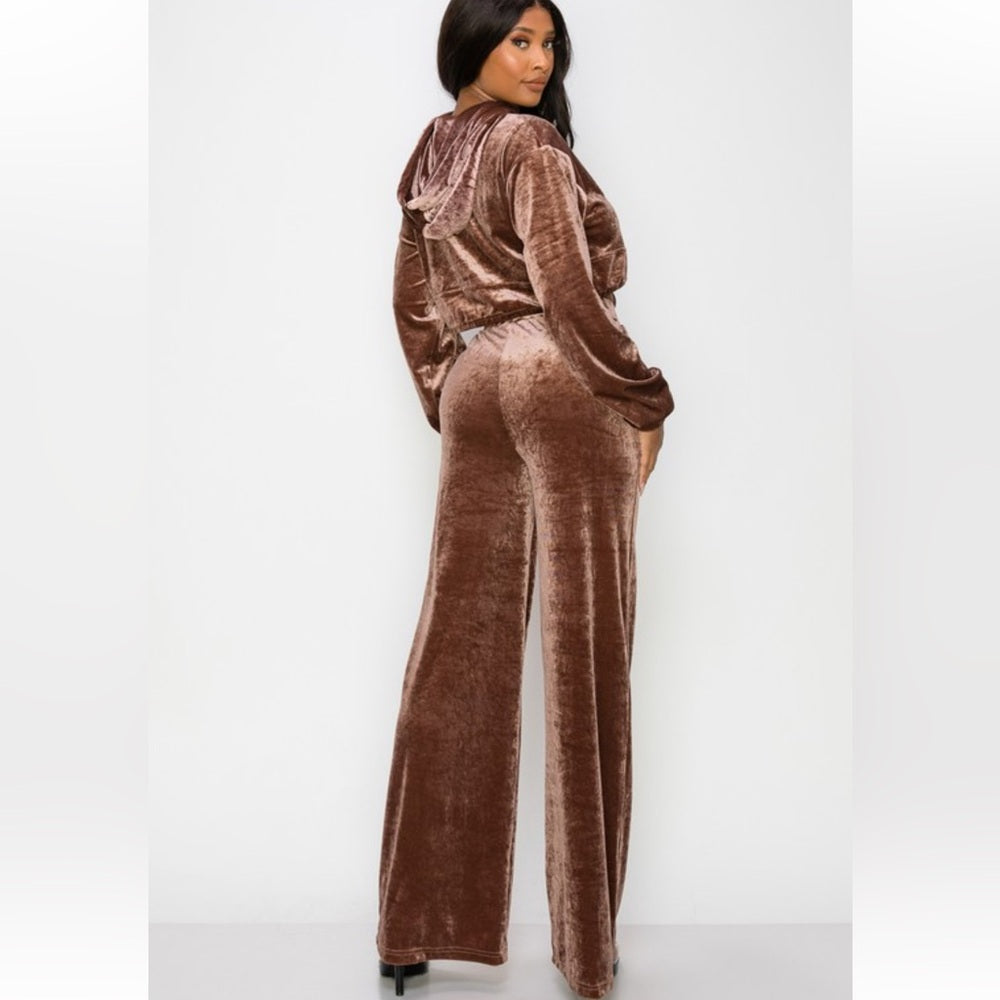 A151. Velvet Brown Hoodie & Wide Leg Pants Set