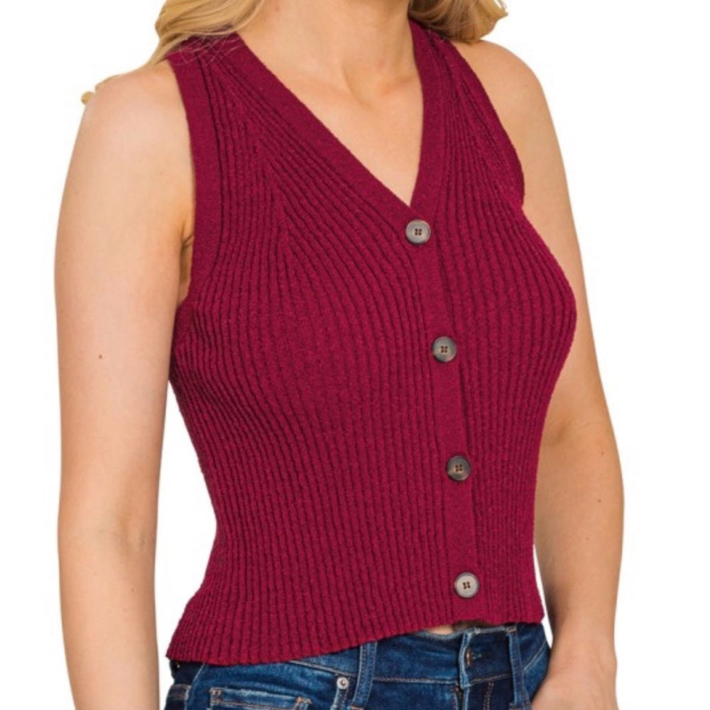A154. Burgundy Ribbed Knit Button-Up Vest