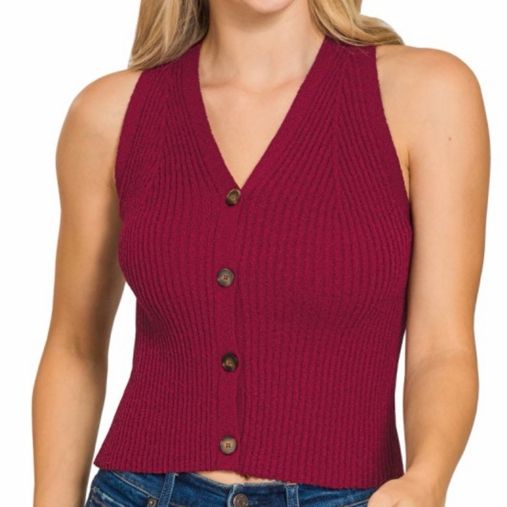 A154. Burgundy Ribbed Knit Button-Up Vest
