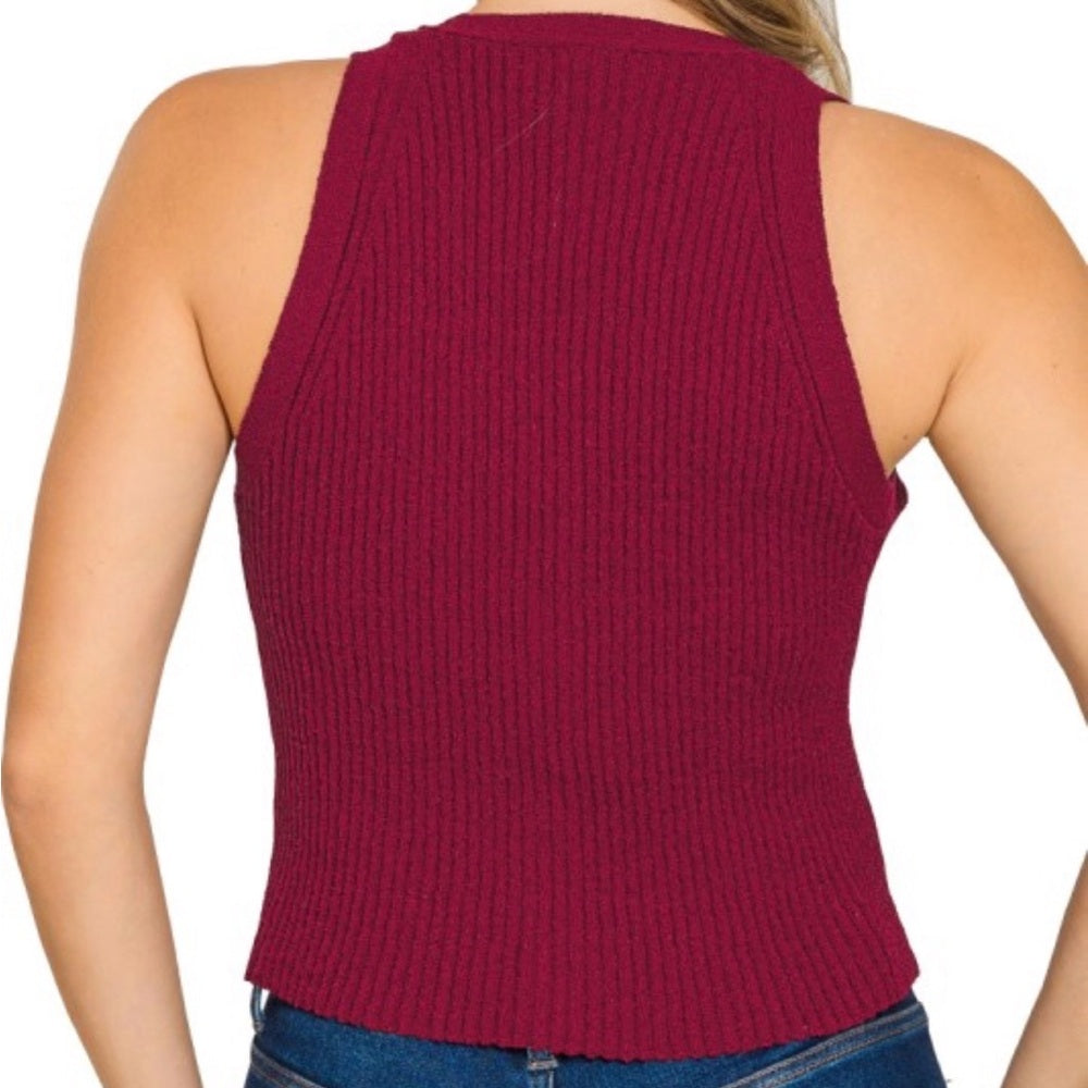 A154. Burgundy Ribbed Knit Button-Up Vest