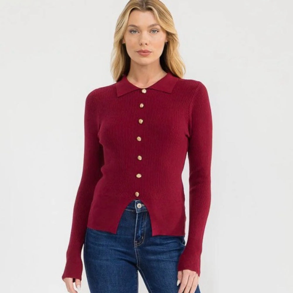 A157. Burgundy Button Front Ribbed Top