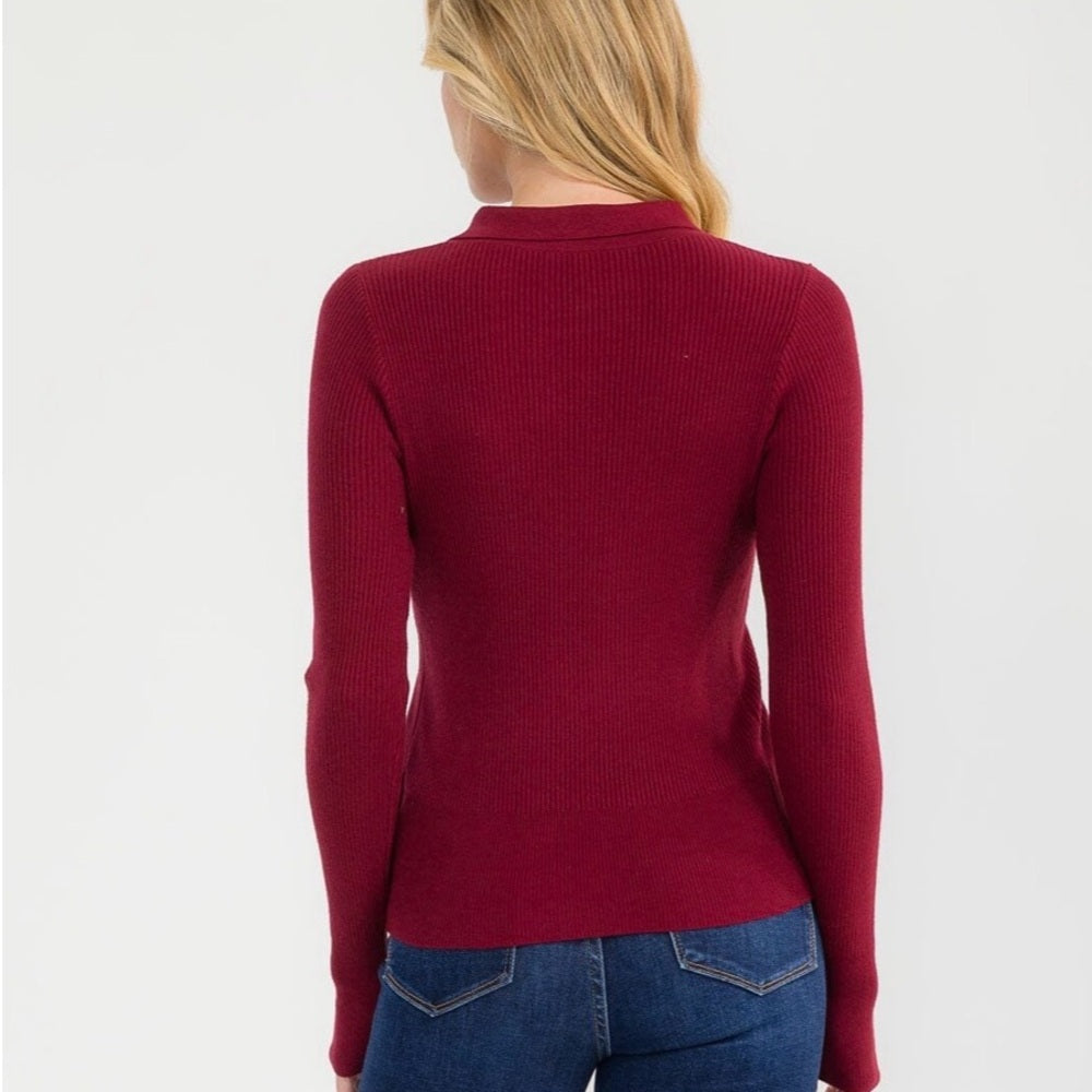 A157. Burgundy Button Front Ribbed Top