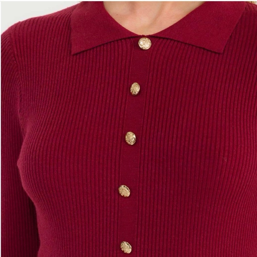 A157. Burgundy Button Front Ribbed Top