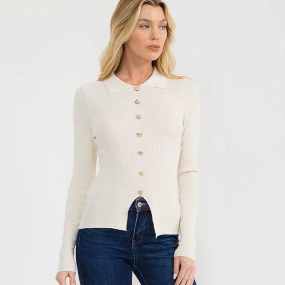 A158. Cream Button Front Ribbed Long Sleeve Top