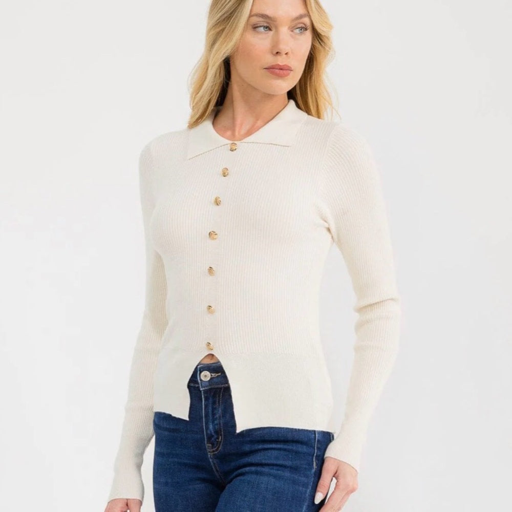 A158. Cream Button Front Ribbed Long Sleeve Top