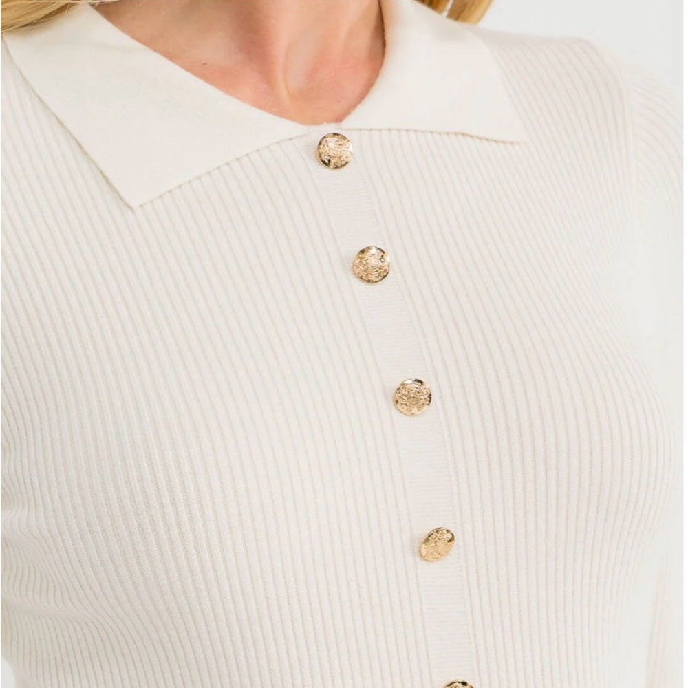 A158. Cream Button Front Ribbed Long Sleeve Top