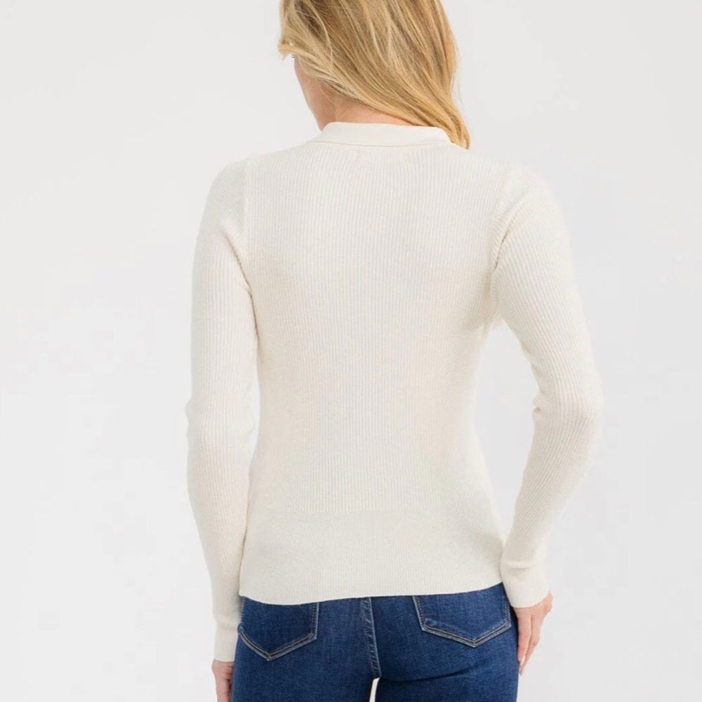 A158. Cream Button Front Ribbed Long Sleeve Top
