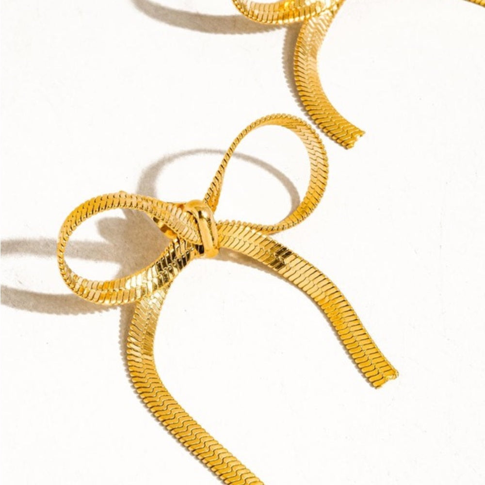 a162. 18k Non-tarnish Flat Bow Chain Stud Earrings
