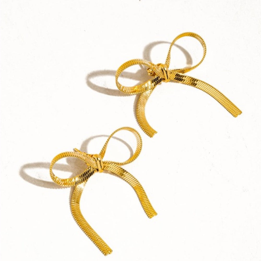 a162. 18k Non-tarnish Flat Bow Chain Stud Earrings