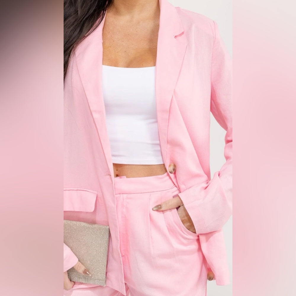 a166. Pink Linen/Cotton Blend Suit Jacket and Pant Set