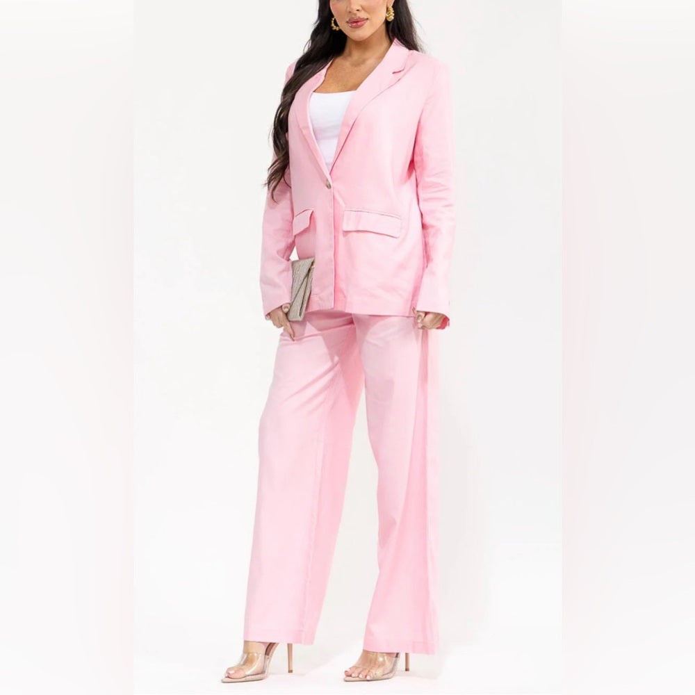 a166. Pink Linen/Cotton Blend Suit Jacket and Pant Set