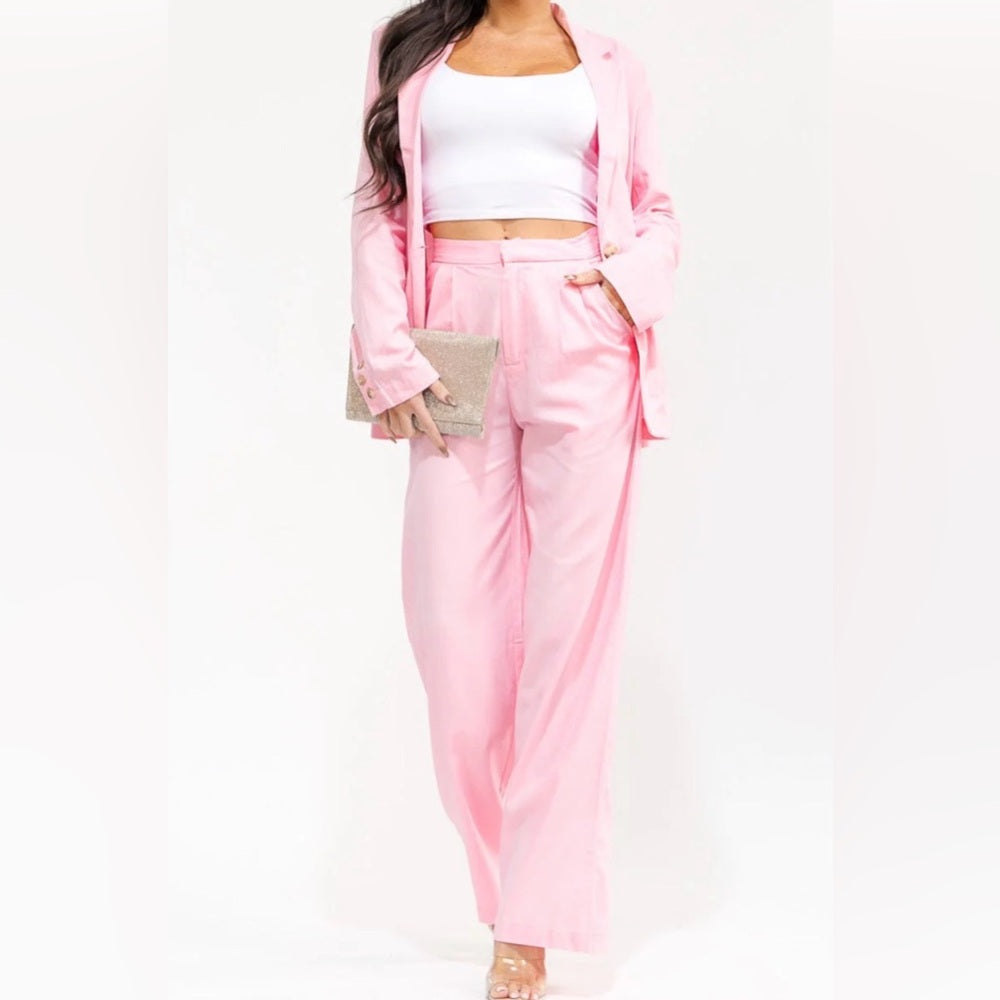 a166. Pink Linen/Cotton Blend Suit Jacket and Pant Set