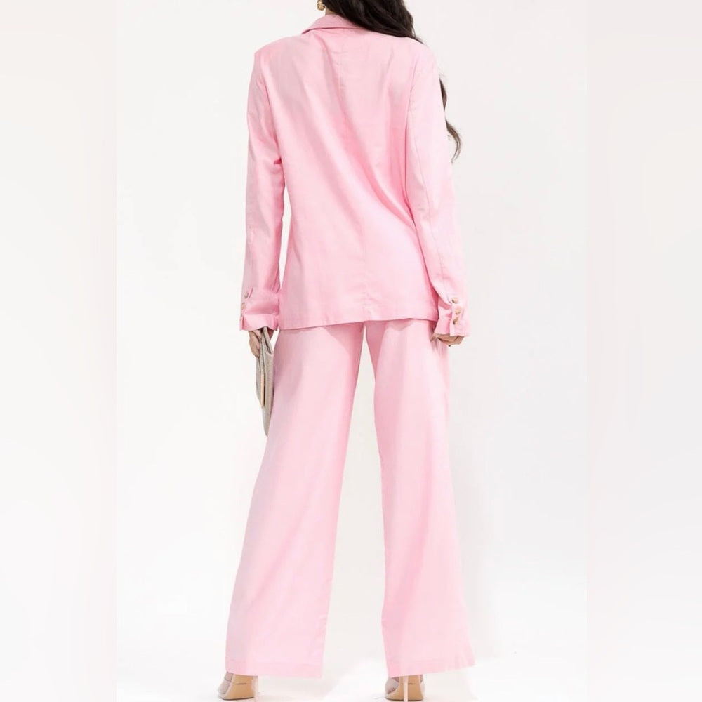 a166. Pink Linen/Cotton Blend Suit Jacket and Pant Set