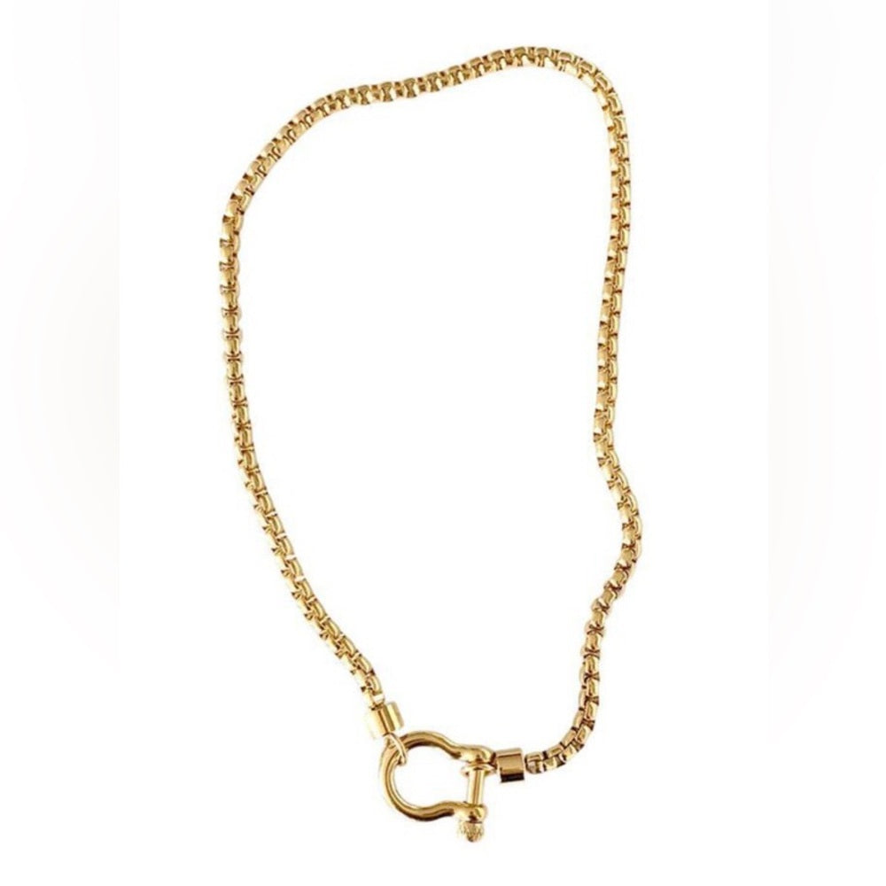a170. 18k  Gold Stainless Steel Carabiner Necklace Gold Box Chain