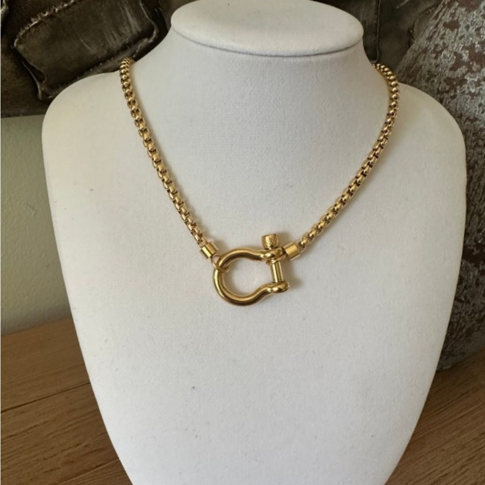 a170. 18k  Gold Stainless Steel Carabiner Necklace Gold Box Chain