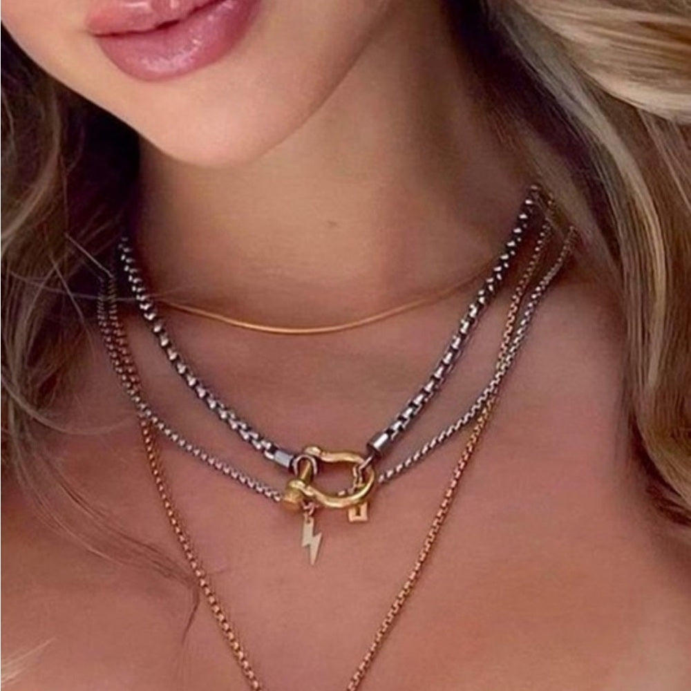 a171. 18k  Gold Stainless Steel Carabiner Necklace Silver Box Chain