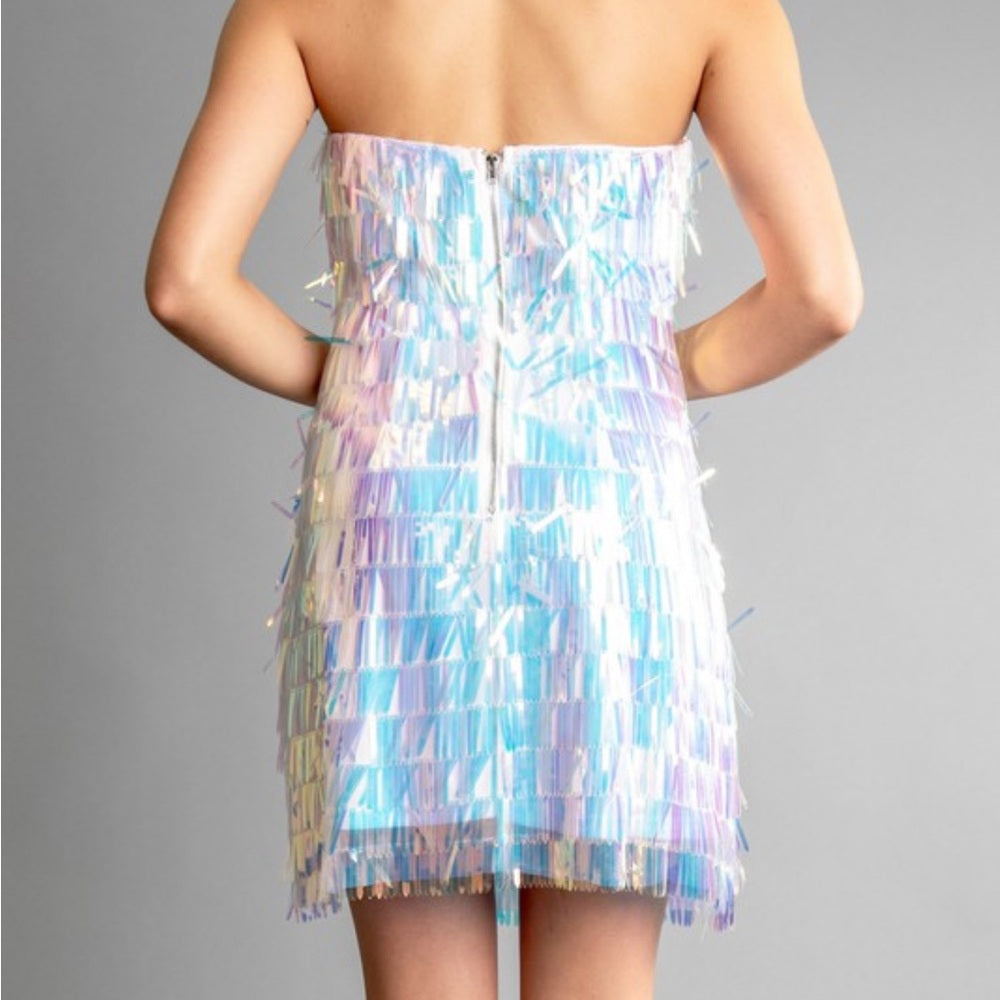 A172. Iridescent Strapless Sequin Fringe Mini Dress