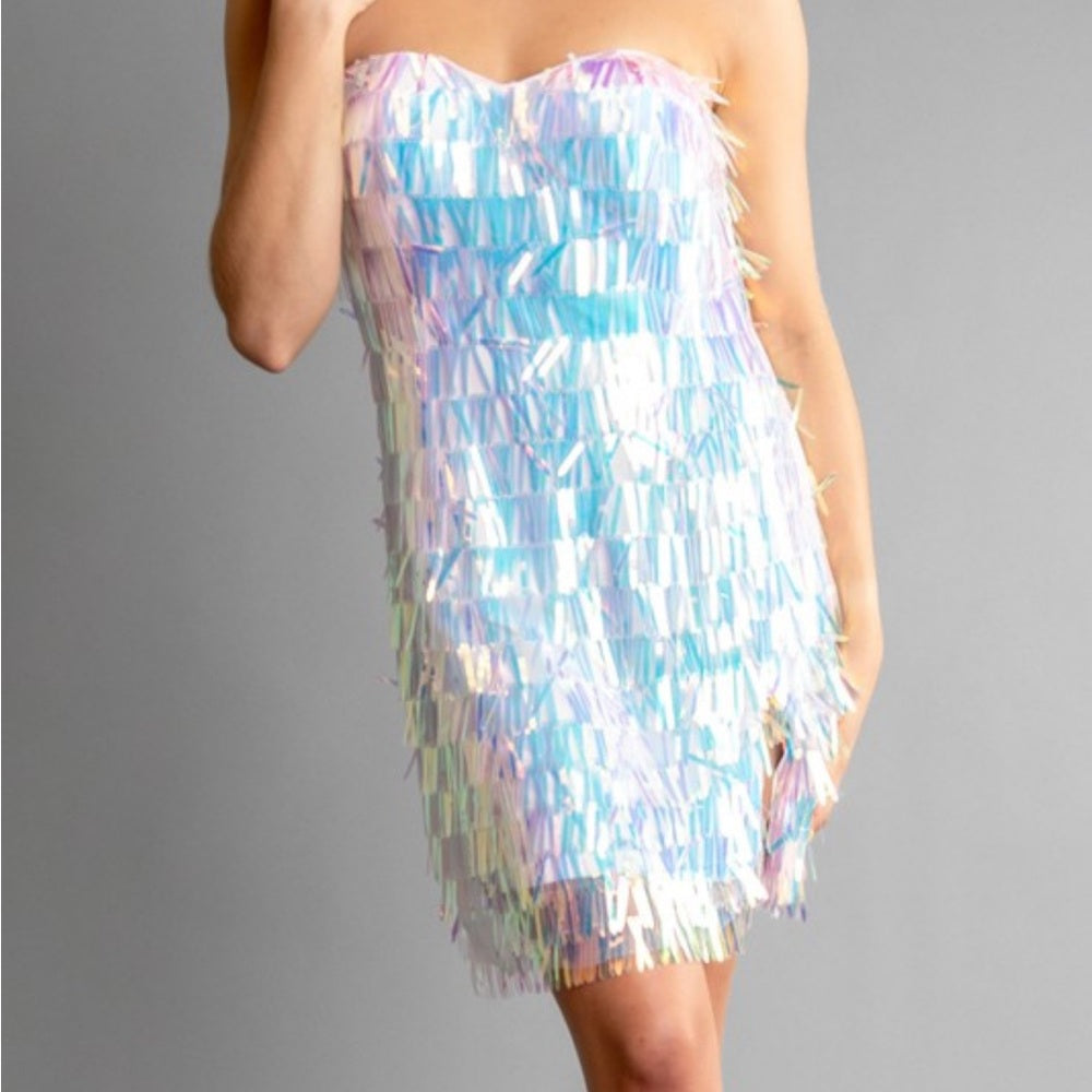 A172. Iridescent Strapless Sequin Fringe Mini Dress