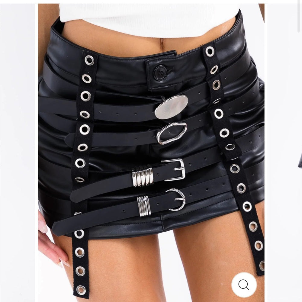 a174. Black Faux Leather Multi Belt Mini Skirt