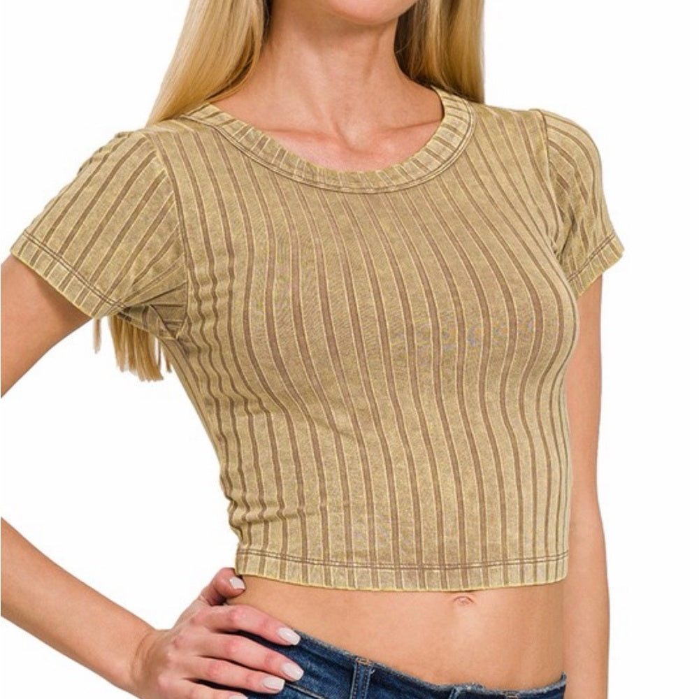 A180. Tan Ribbed Short Sleeve Cropped Top