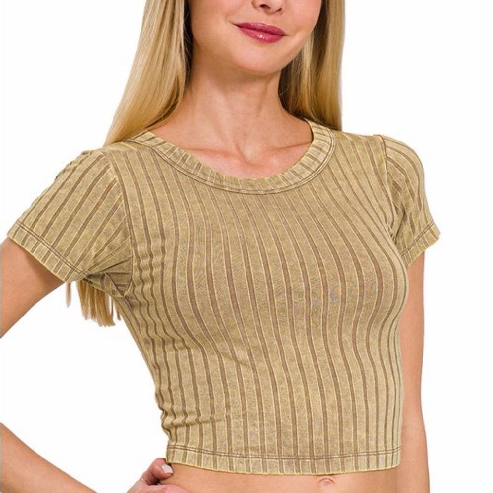 A180. Tan Ribbed Short Sleeve Cropped Top