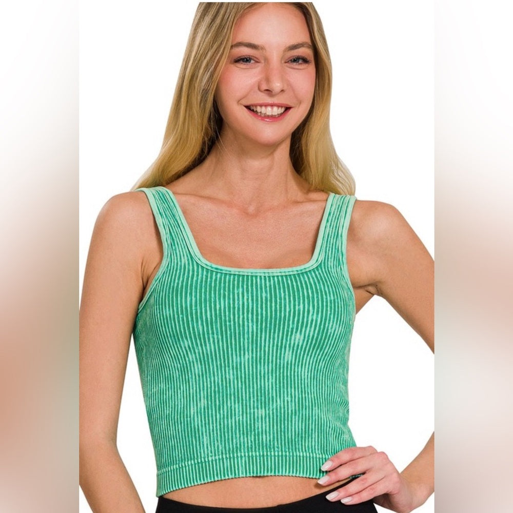 A181. Green Stone Washed Ribbed Seamless Tank Top With Bra Pads