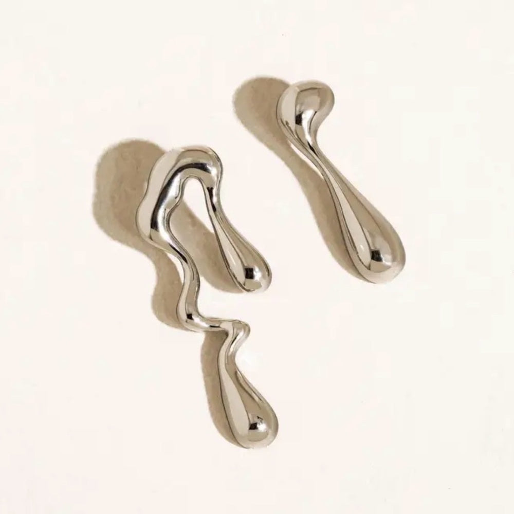 A207. Silver Stainless Steel Abstract Mismatch Melted Drop Earrings