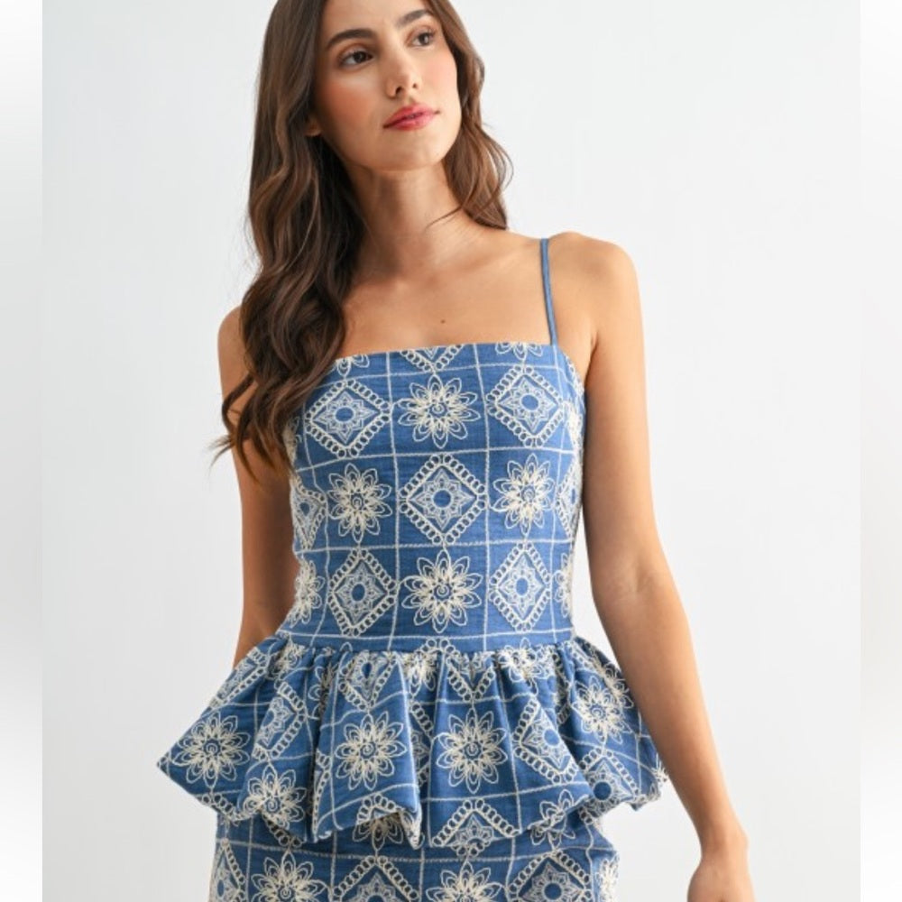 A218. Blue and White Embroidered Peplum Top