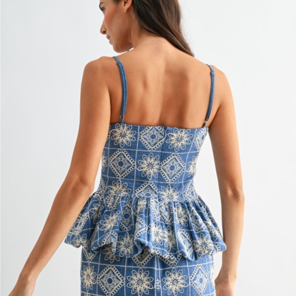 A218. Blue and White Embroidered Peplum Top