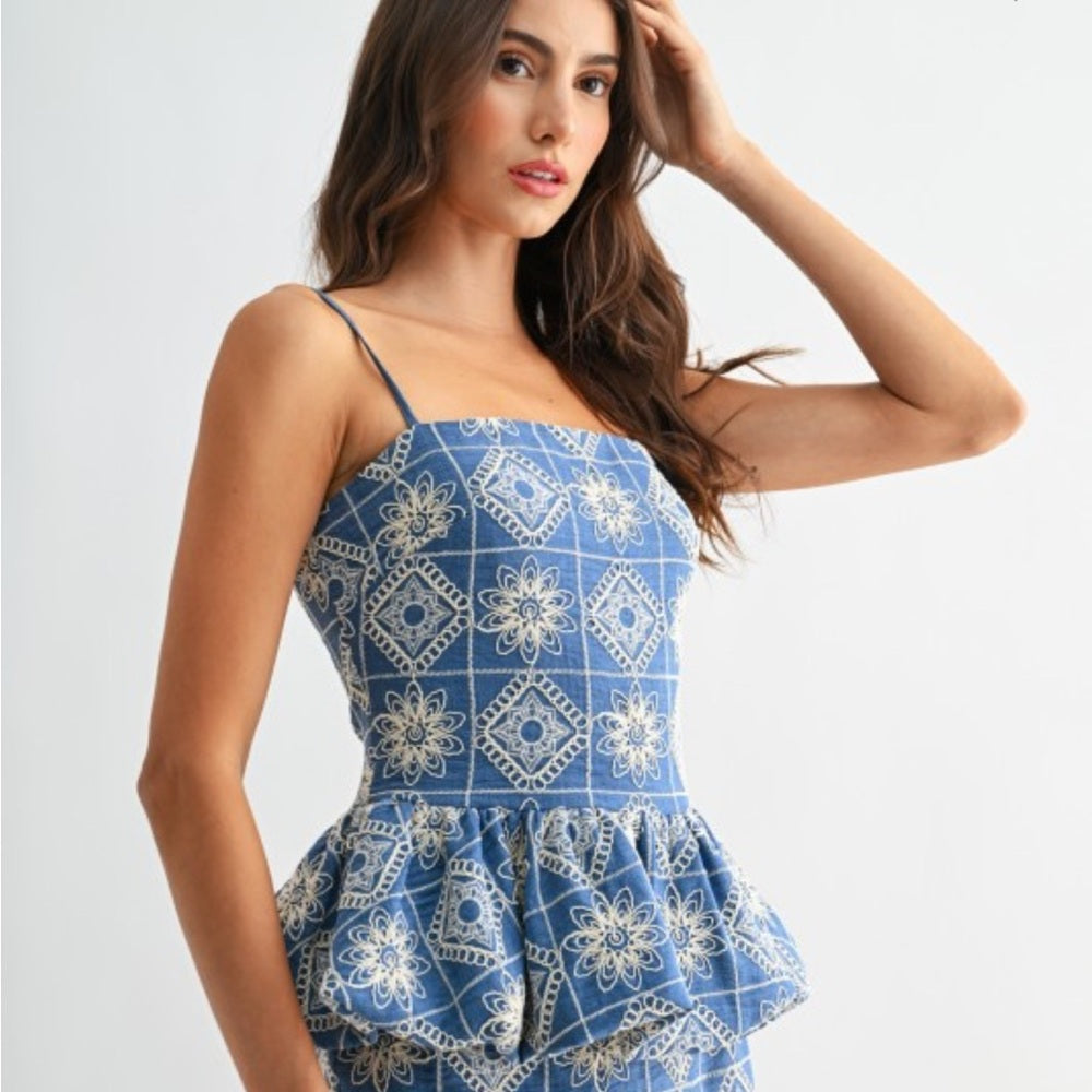 A218. Blue and White Embroidered Peplum Top