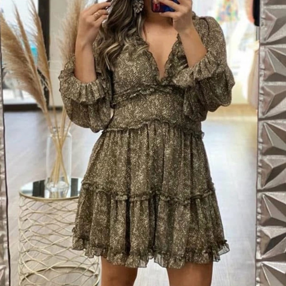 A226. Olive Green Ruffle Dress
