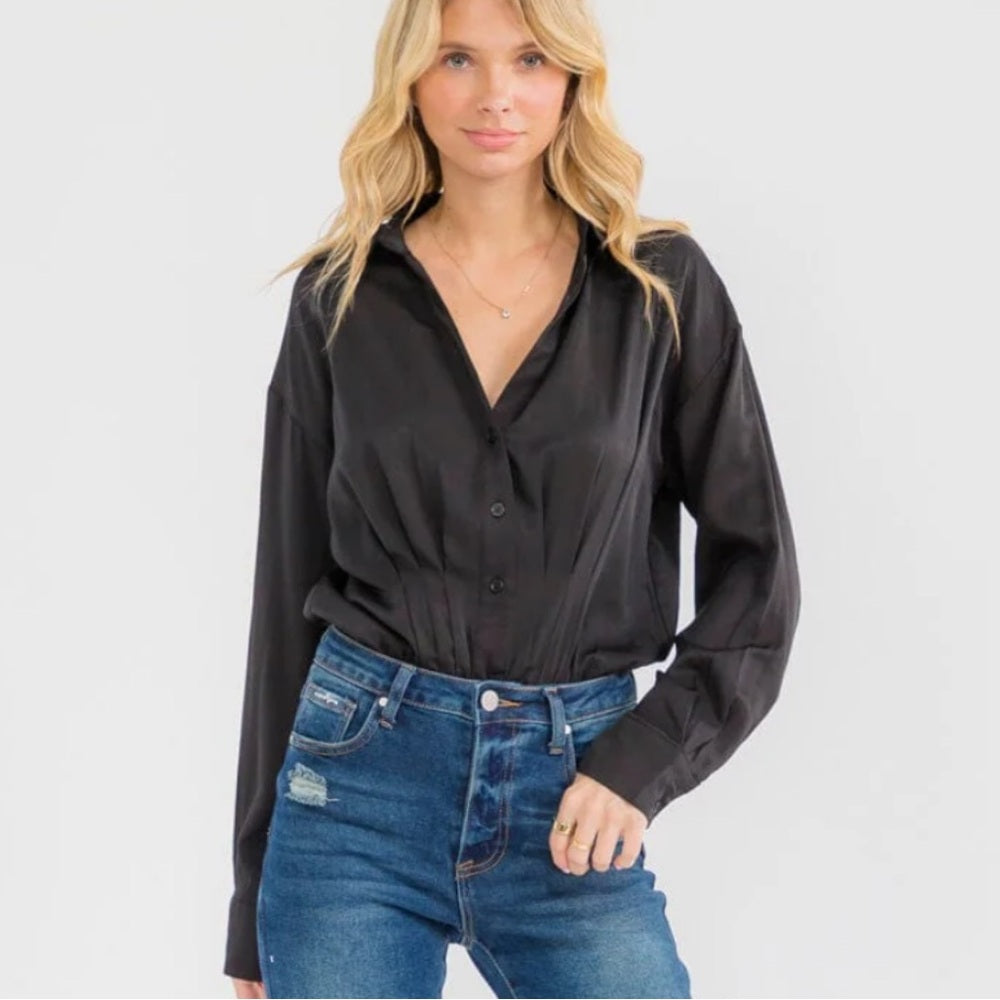 A241. Black Button Up Shirt Bodysuit